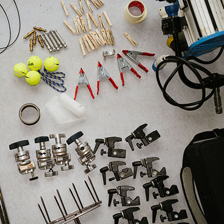 Film gear neatly sorted out on the floor.